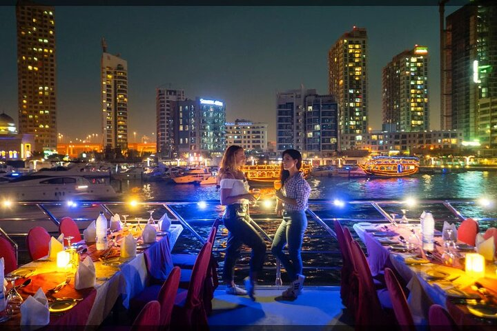 Savor a delightful evening on Dubai Marina surrounded by stunning skyscrapers and enjoying an international buffet live entertainment and great company amid twinkling city lights.